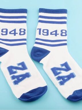 White & Blue Athletic Crew Socks with '1948' and 'ZA' Graphics